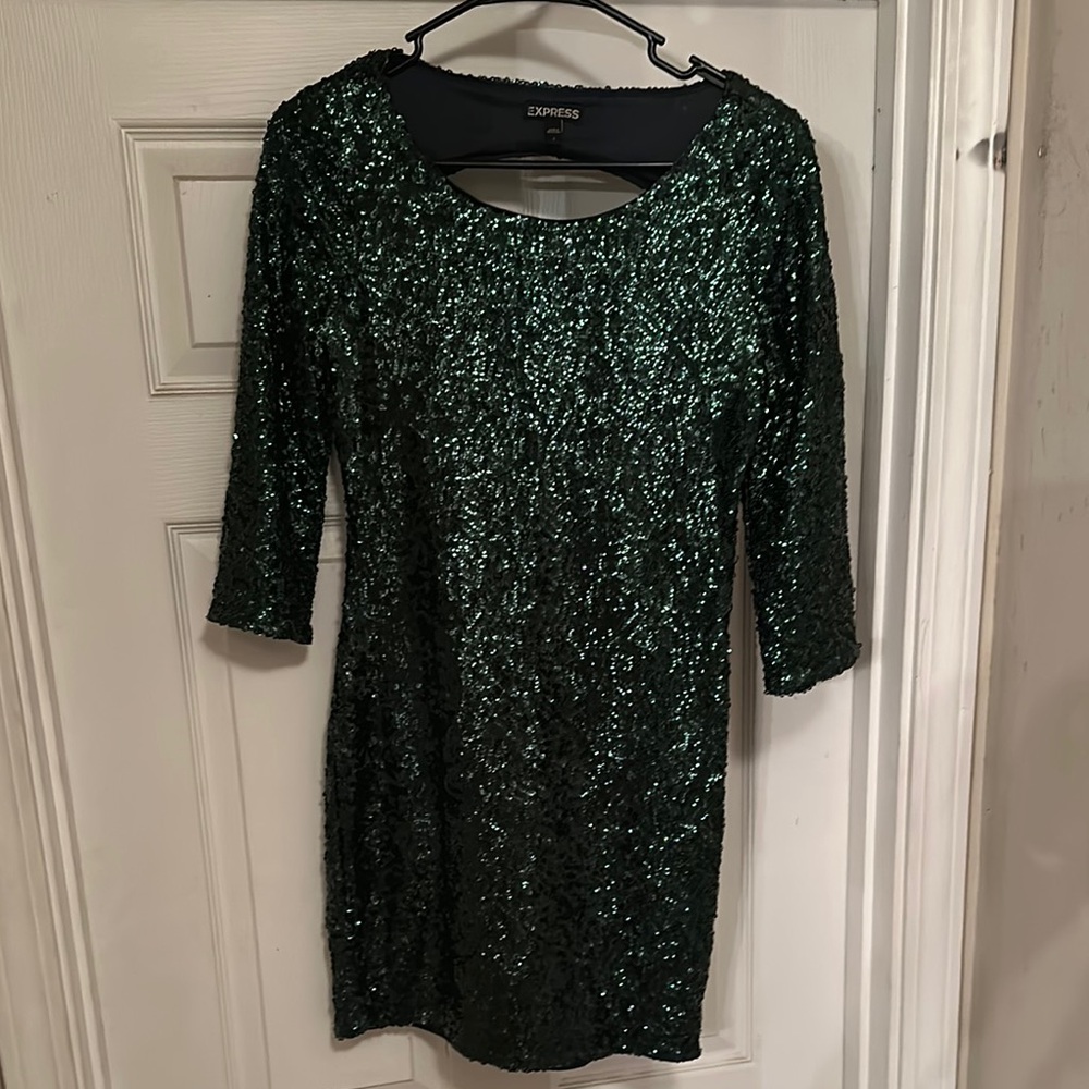 Express Green Sequin Sheath Dress 3/4 Sleeve